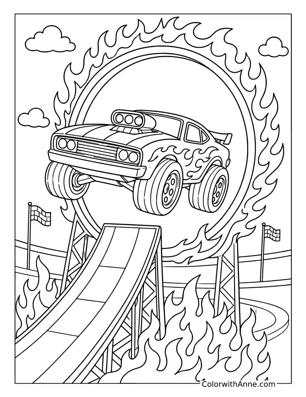 Hot Wheels Muscle Car Jumping through a Fire Ring coloring page