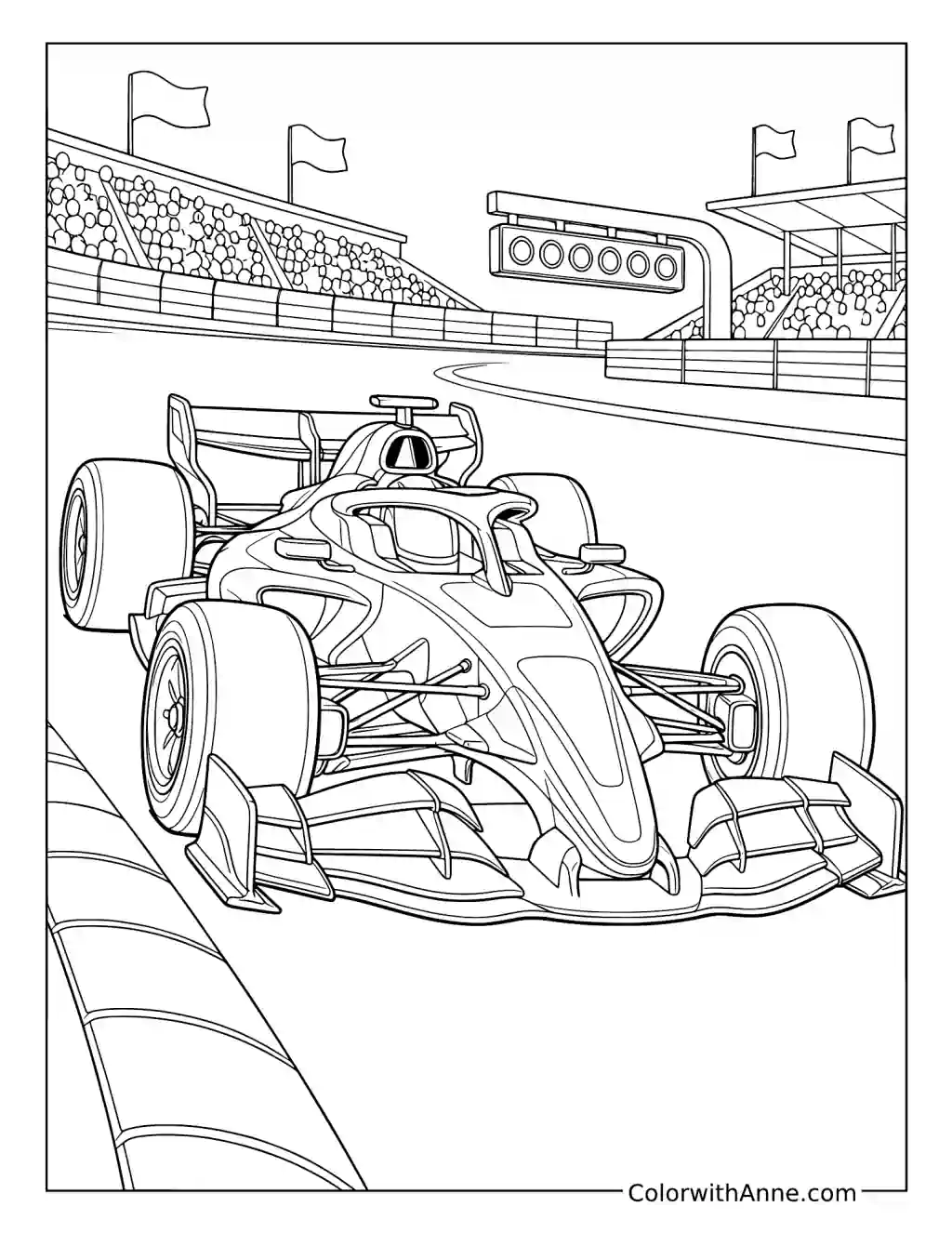 Hot Wheels Open-Wheel Racer on a Stadium Track coloring page