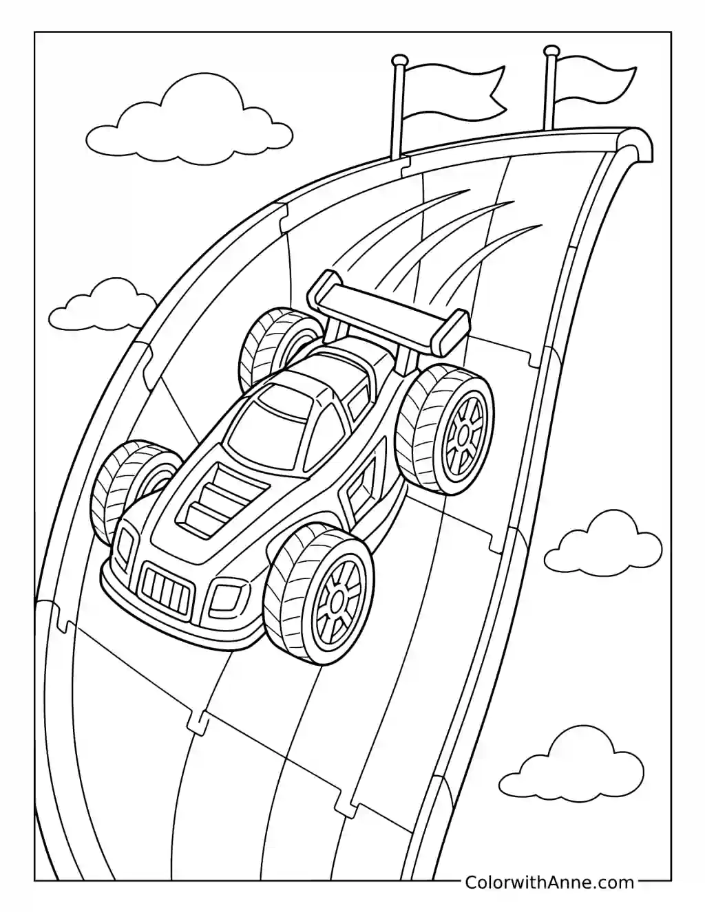 Hot Wheels Stunt Car Descending a Steep Ramp coloring page