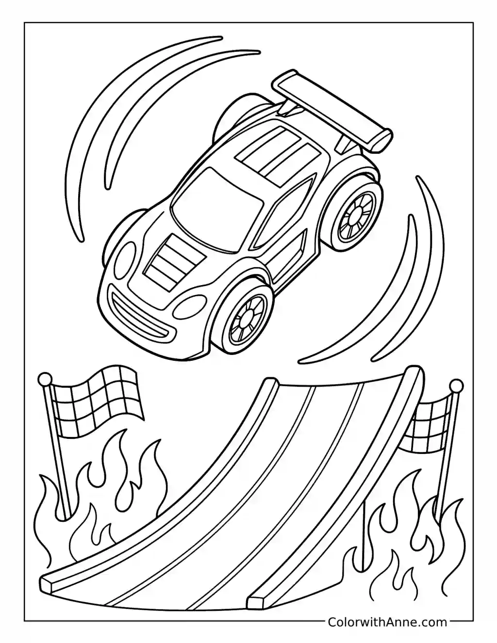 Hot Wheels Stunt Car Spinning above a Ramp coloring page