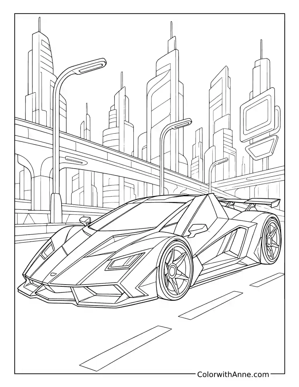 Hot Wheels Supercar Racing through a Futuristic City coloring page