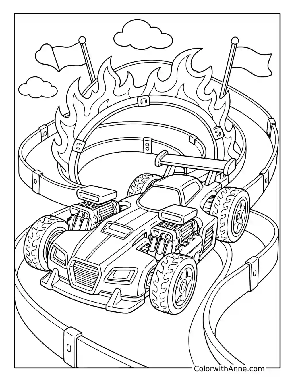 Hot Wheels Twin-Engine Racer on a Curving Flame Track coloring page