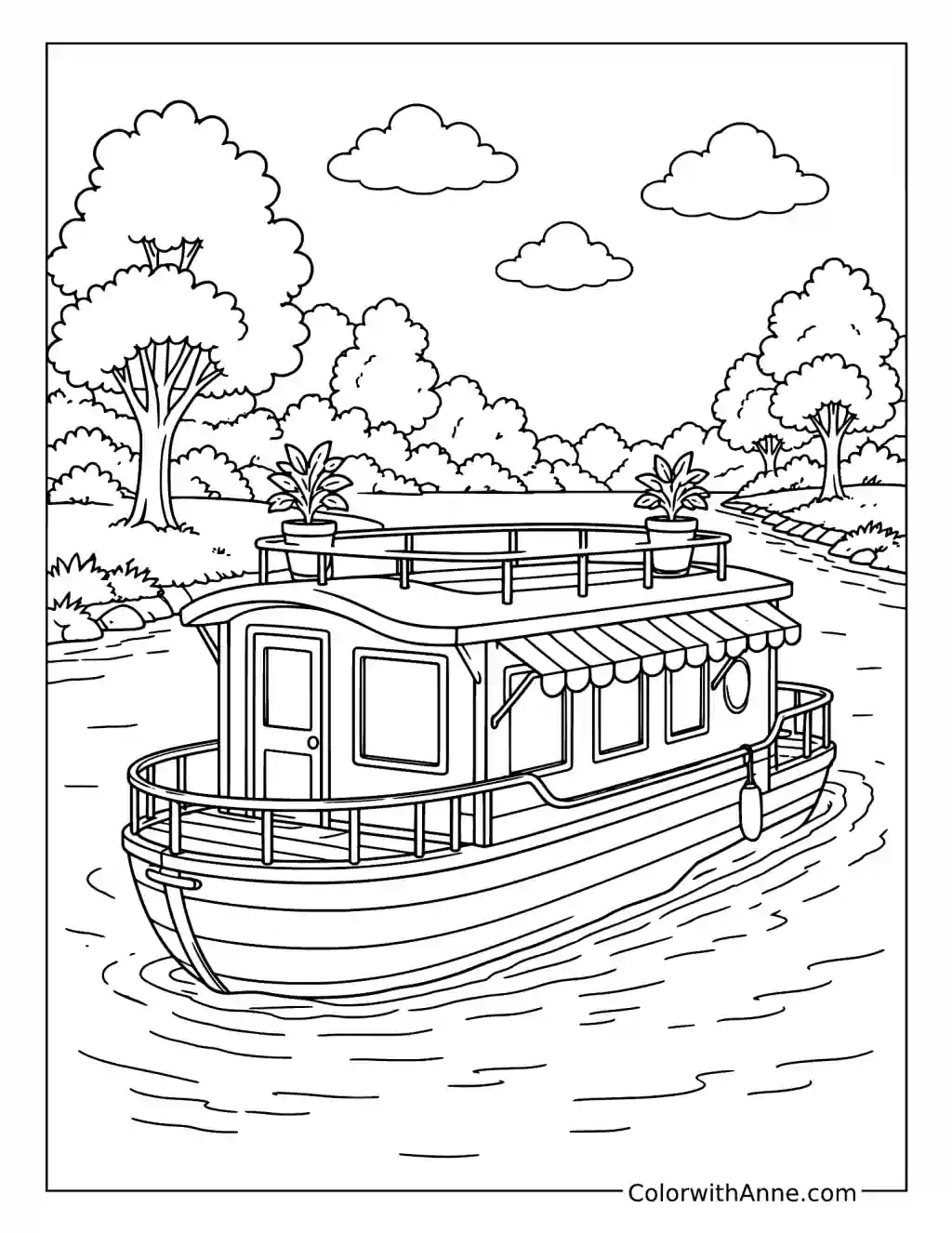 Houseboat on a Peaceful River coloring page