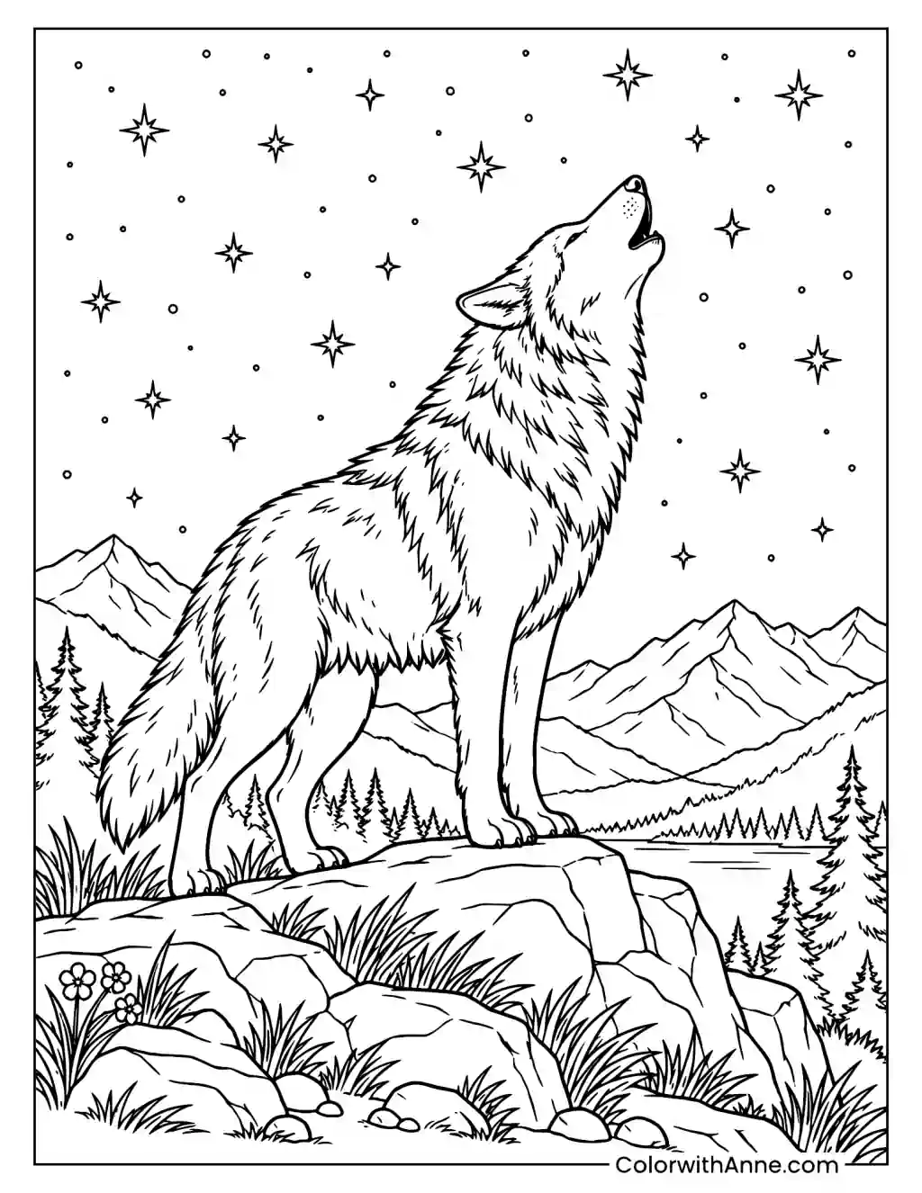 Howling Wolf Under a Starry Night Sky Coloring Page
