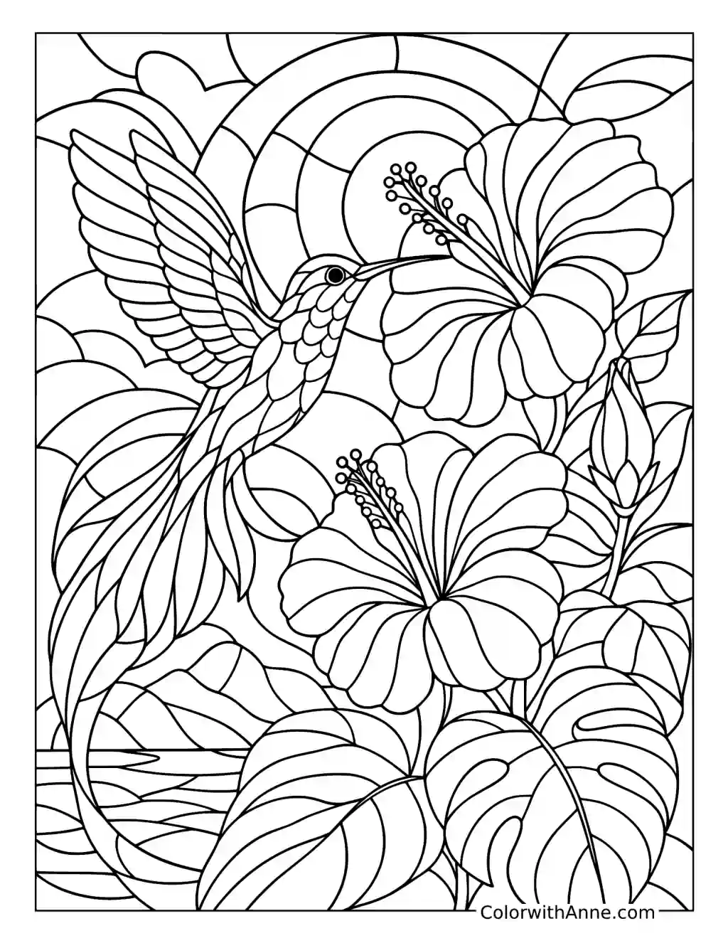 Hummingbird and Hibiscus Stained Glass coloring page