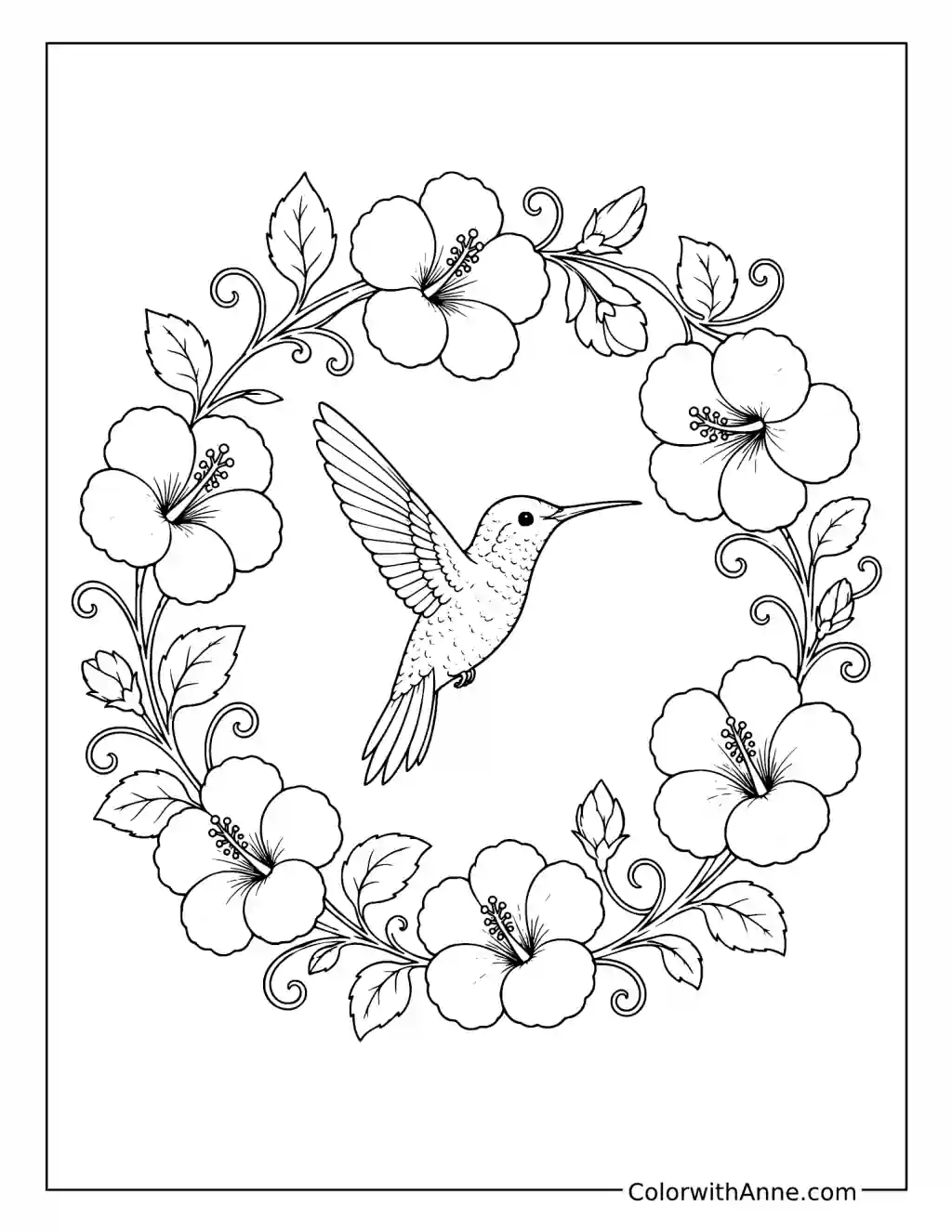 Hummingbird Floral Wreath coloring page