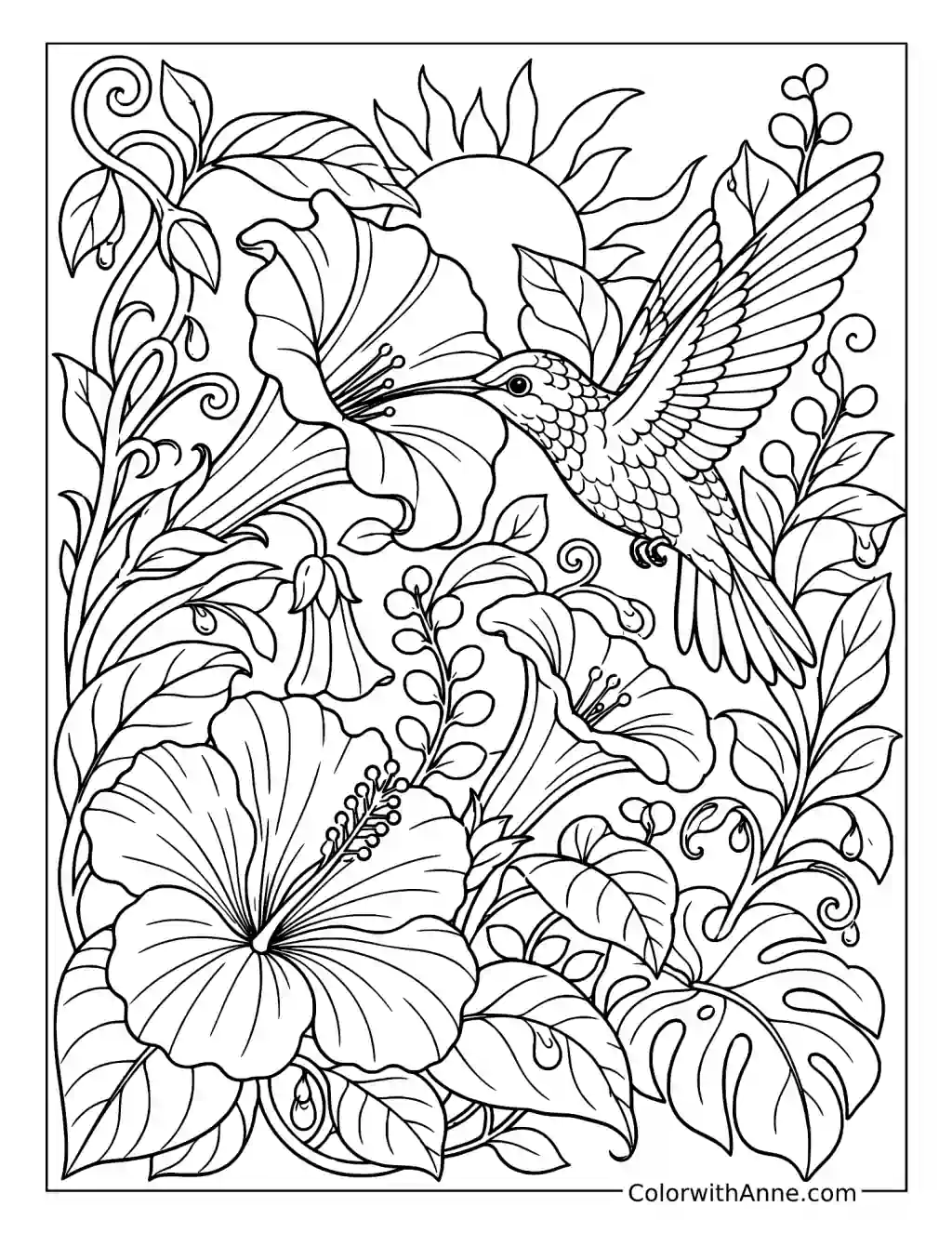 Hummingbird in a Tropical Flower Garden coloring page