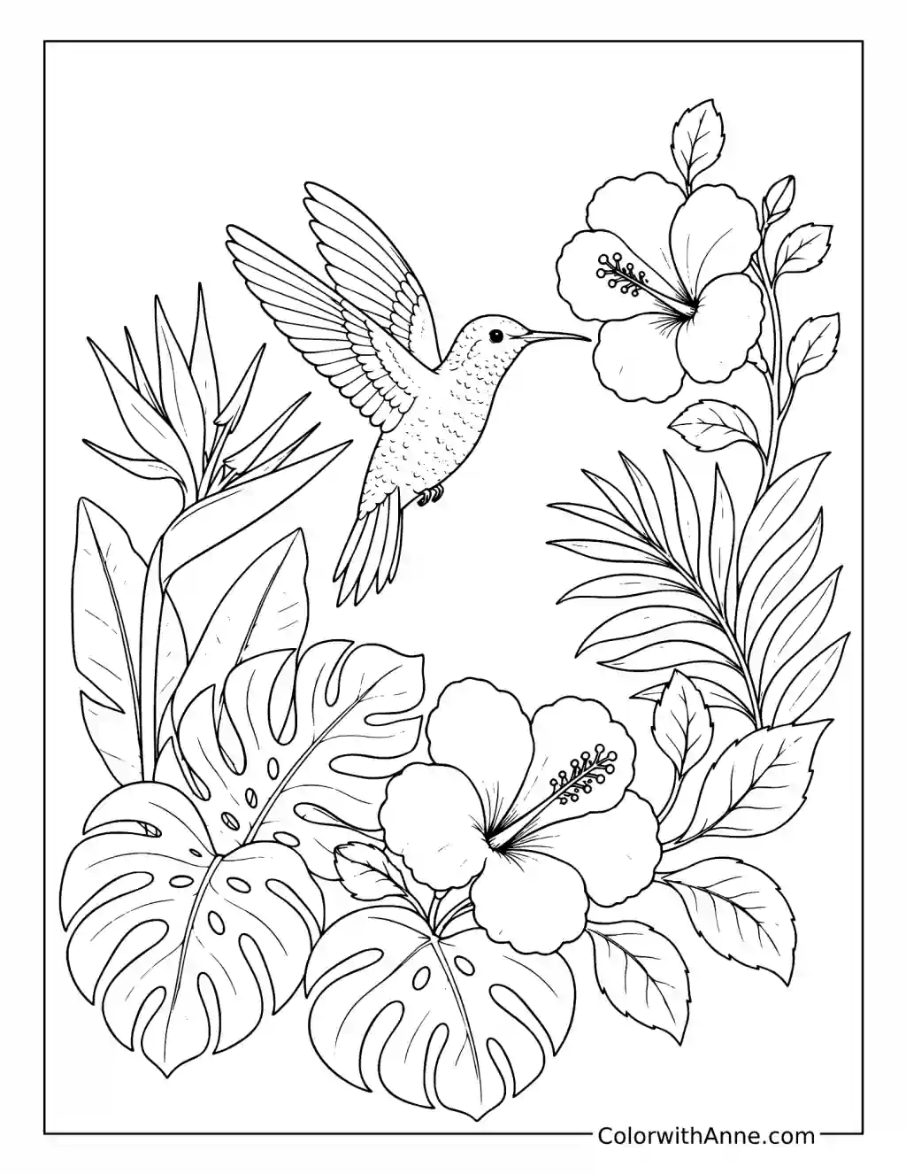 Hummingbird in a Tropical Garden coloring page