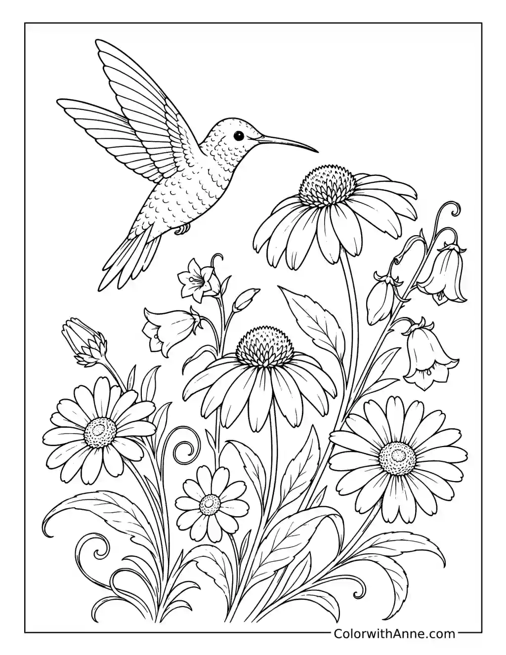 Hummingbird in a Wildflower Garden coloring page