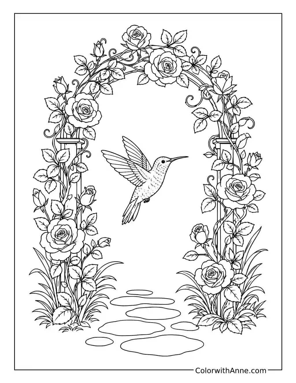 Hummingbird Under a Garden Arch coloring page
