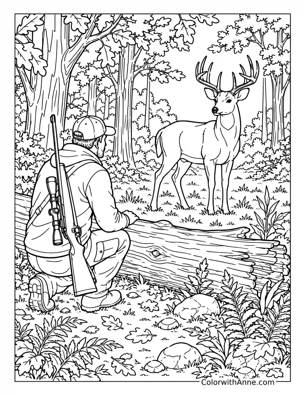 Hunter and Big Buck in the Forest coloring page