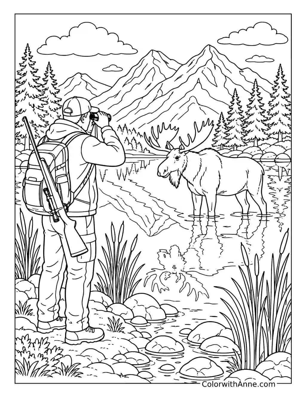 Hunter Watching a Moose by a Mountain Lake coloring page