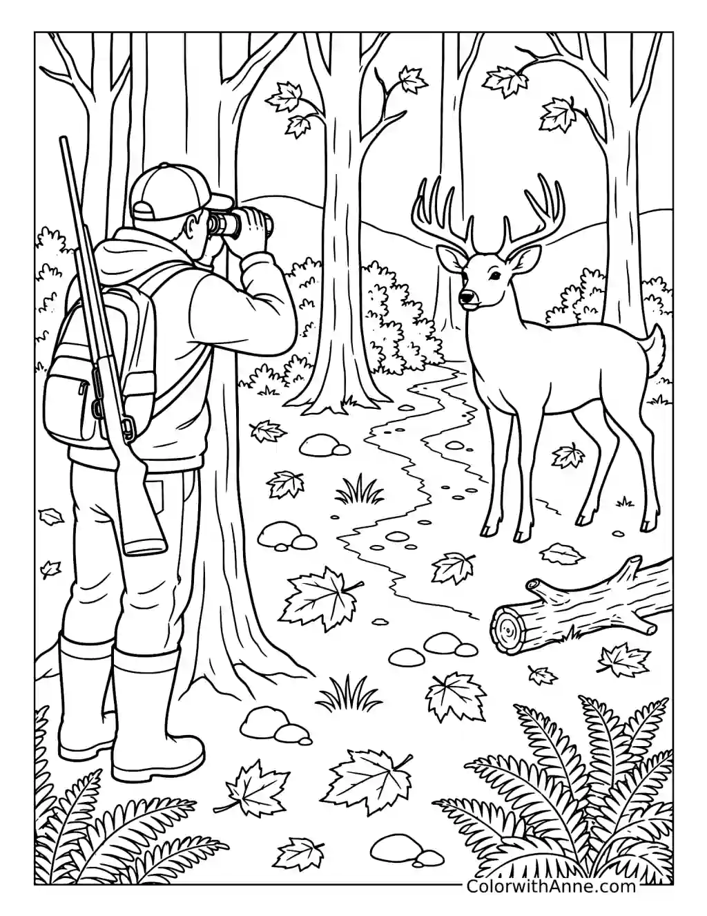 Hunter Watching a White-Tailed Buck coloring page