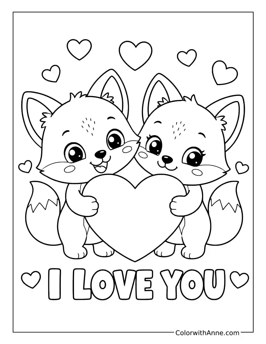 I Love You Foxes Holding a Heart coloring page