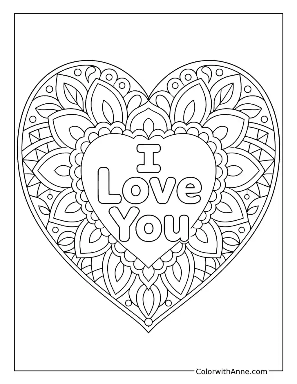 I Love You Heart Mandala coloring page