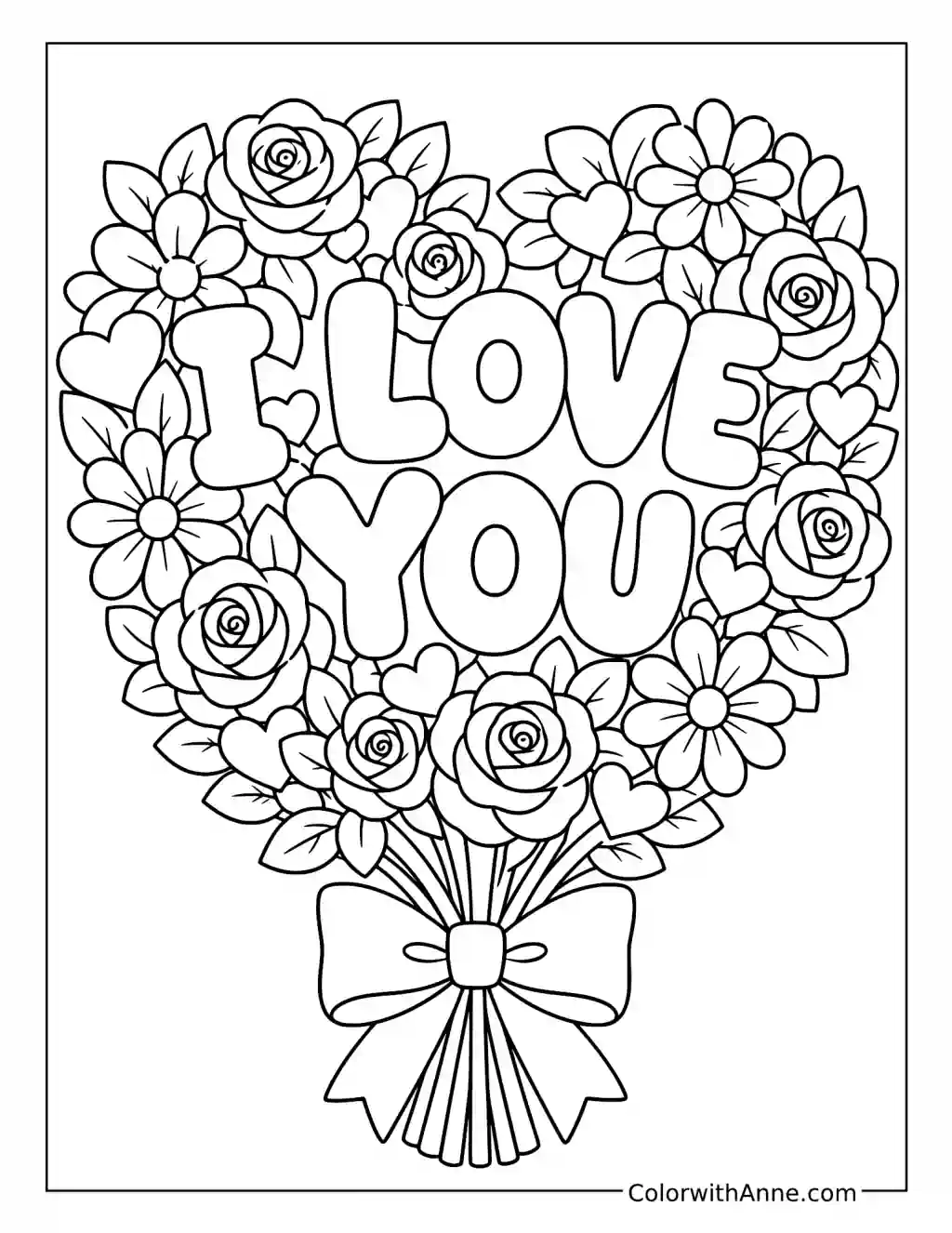 I Love You Heart-Shaped Flower Bouquet coloring page