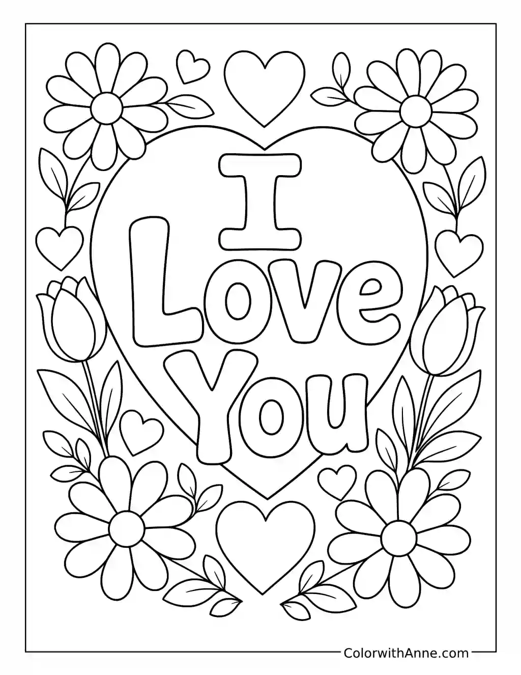 I Love You with Hearts and Flowers coloring page