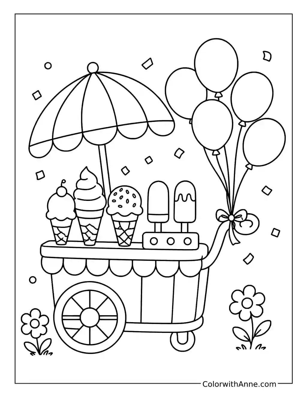 Ice Cream Cart and Balloons coloring page