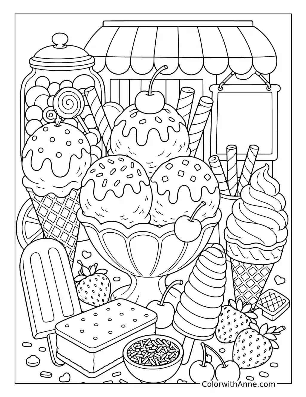 Ice Cream Parlor Doodle Art coloring page