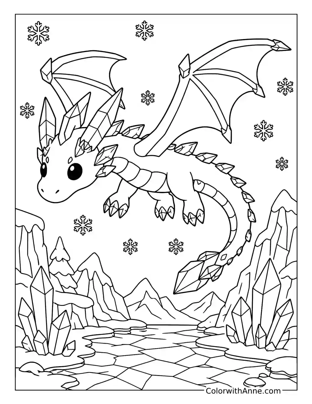 Ice Dragon Amid Crystals and Snowflakes coloring page