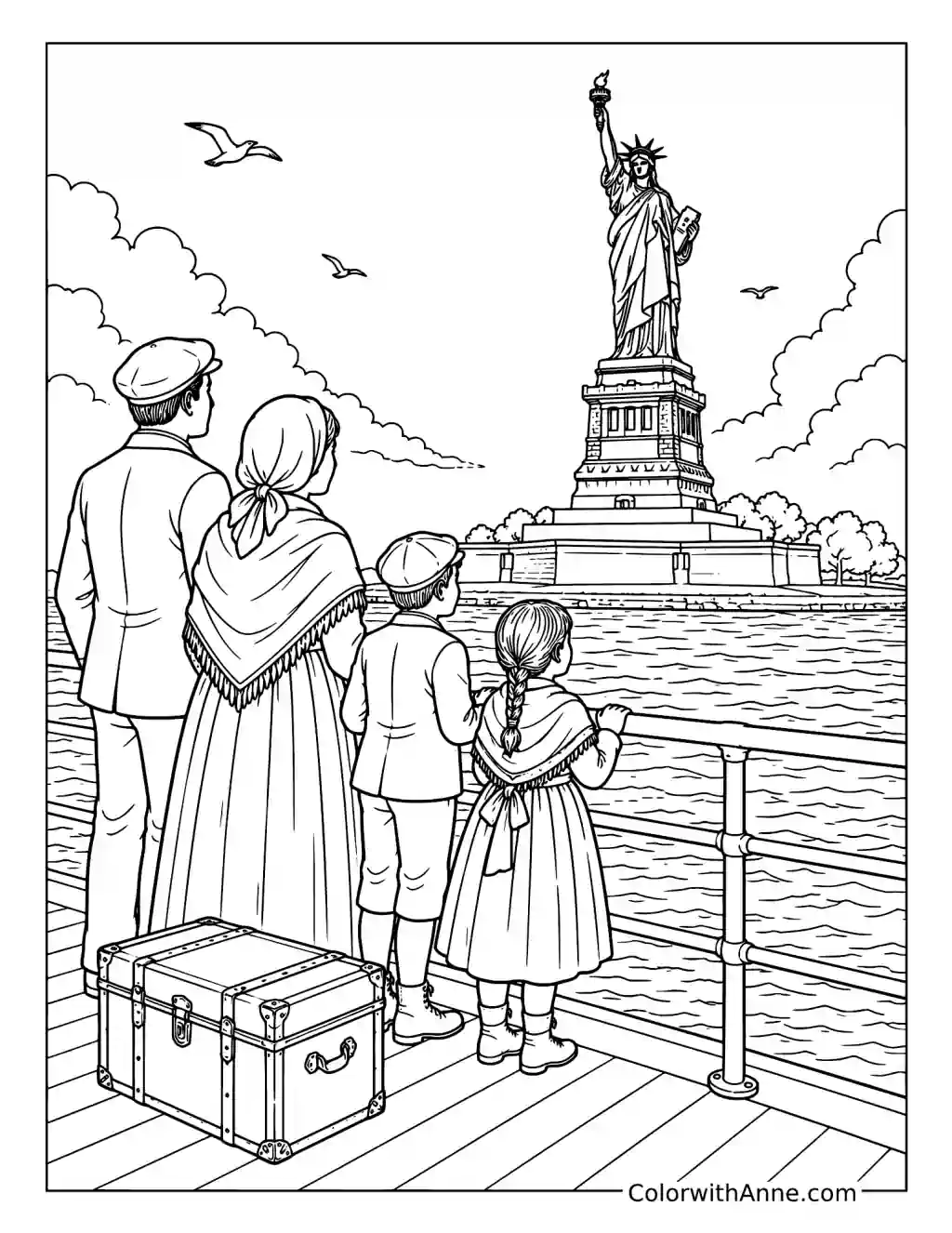 Immigrant Family Seeing Lady Liberty coloring page