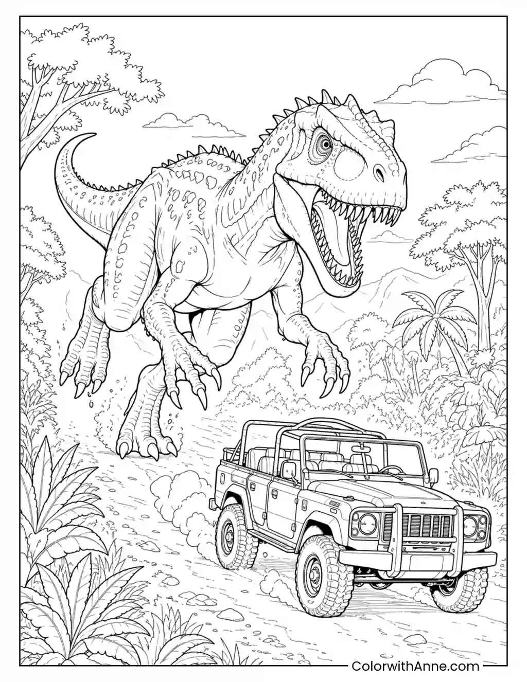 Indominus Rex Chasing an Off-Road Vehicle coloring page