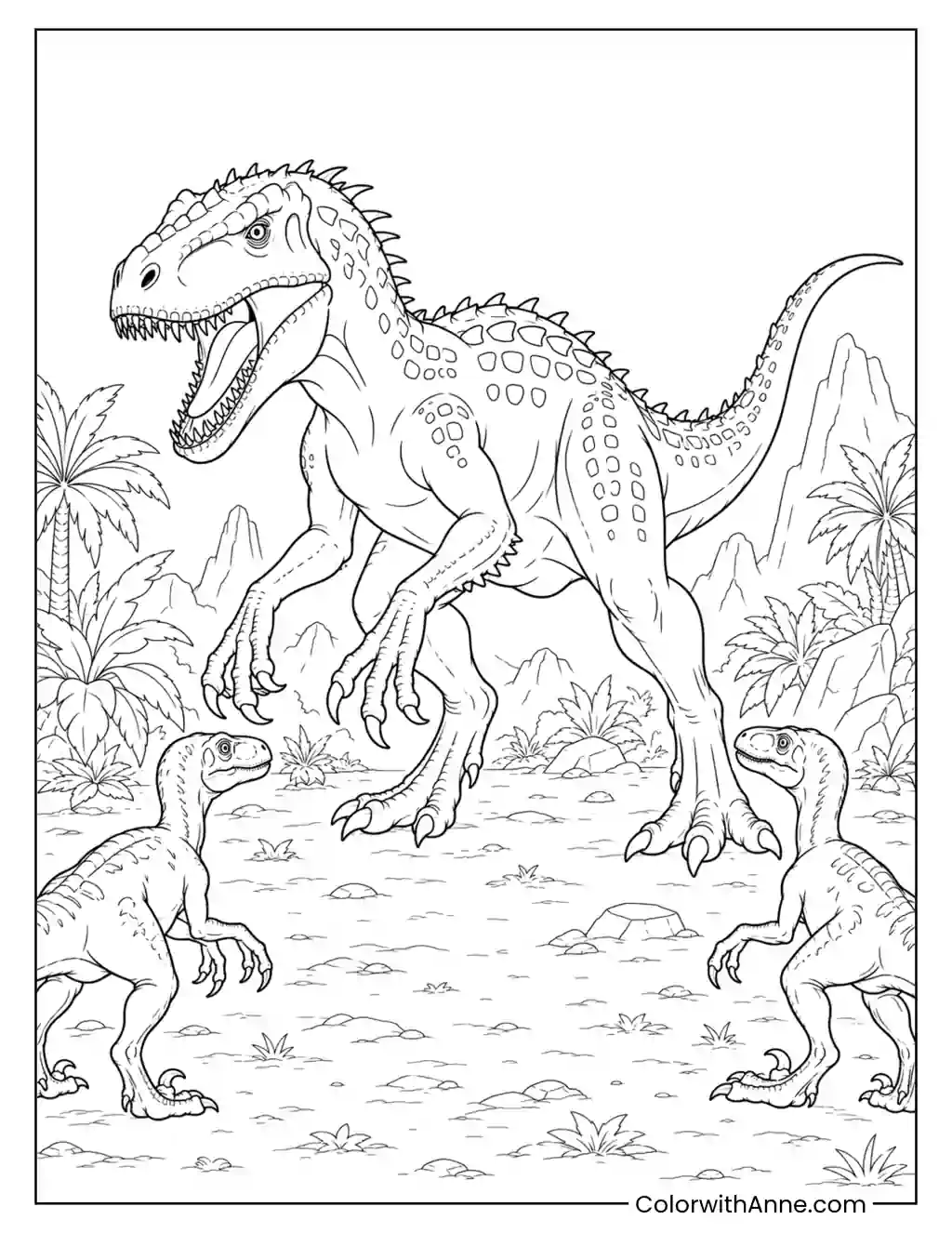 Indominus Rex Confronting Two Raptors coloring page