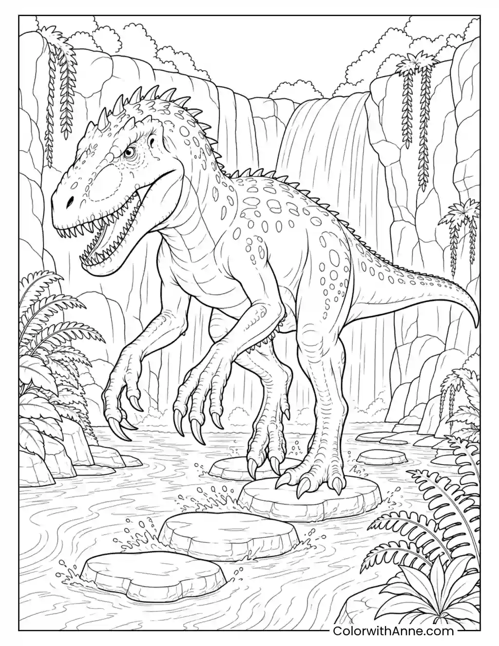 Indominus Rex Crossing a Waterfall Gorge coloring page