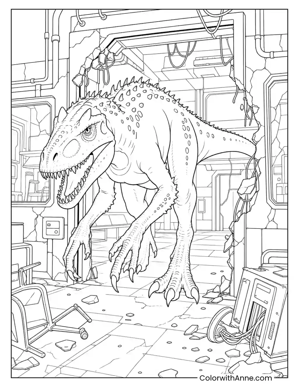 Indominus Rex in an Abandoned Research Facility coloring page