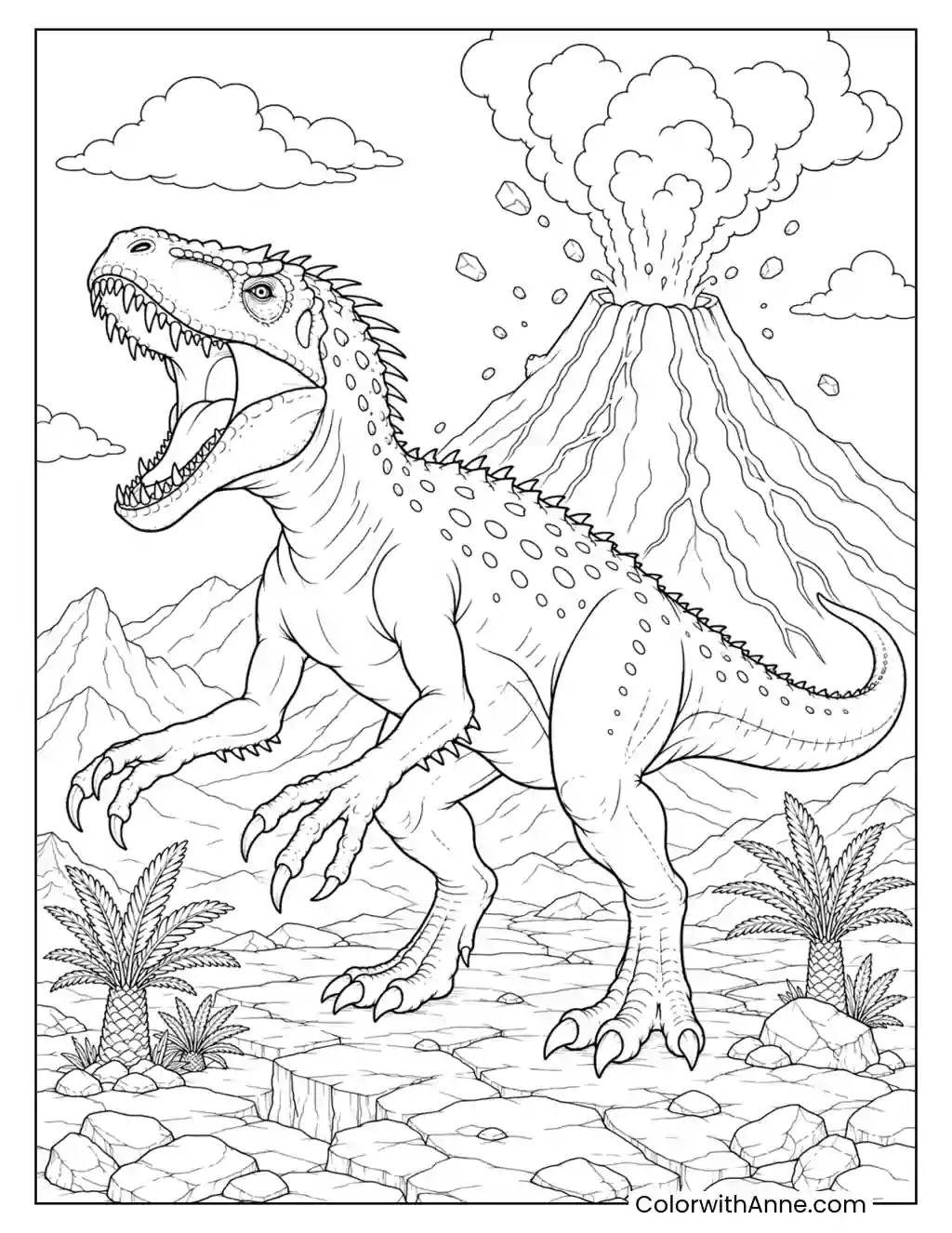 Indominus Rex Roaring Below an Erupting Volcano coloring page