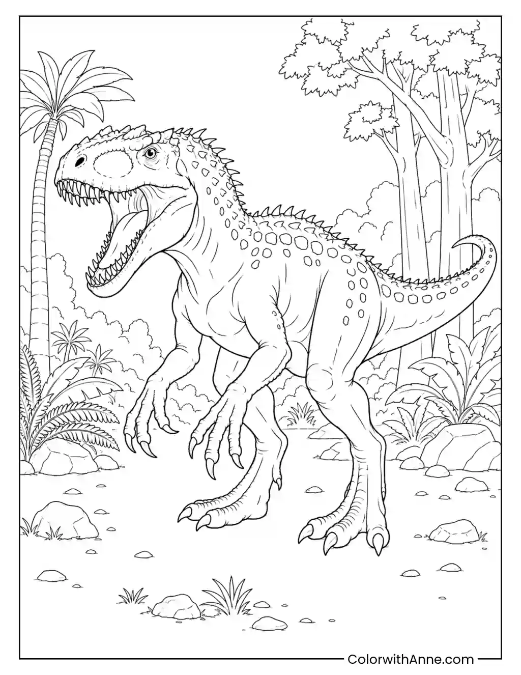 Indominus Rex Roaring in a Forest Clearing coloring page