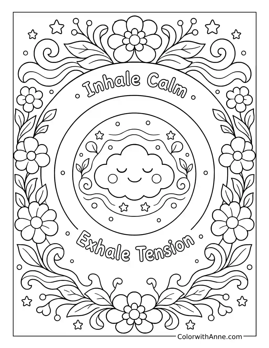Inhale Calm Exhale Tension with a Floral Breathing Circle coloring page