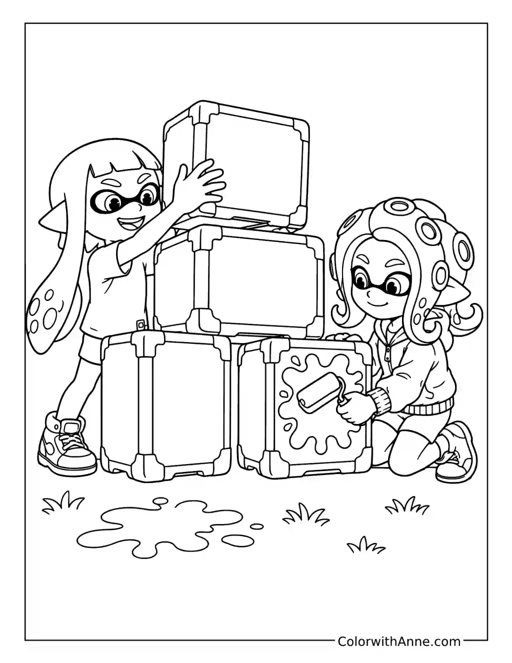 Inkling and Octoling Stacking Ink Crates coloring page