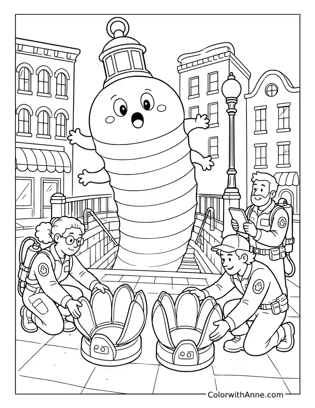 Investigators Setting Traps Around a Giant Striped Street Ghost coloring page