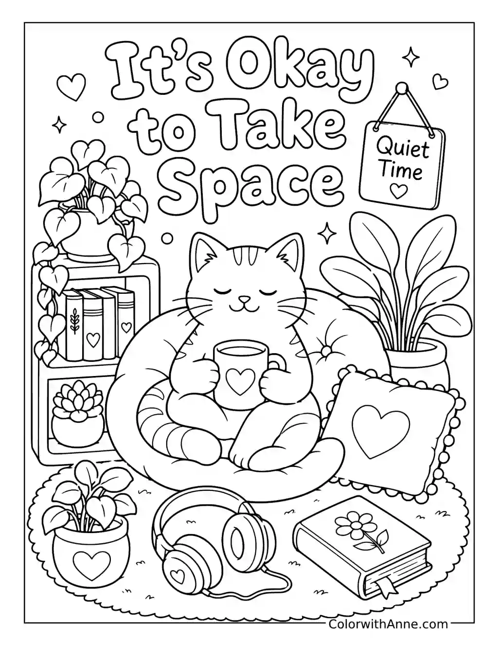 It's Okay to Take Space with a Cat Reading Nook coloring page