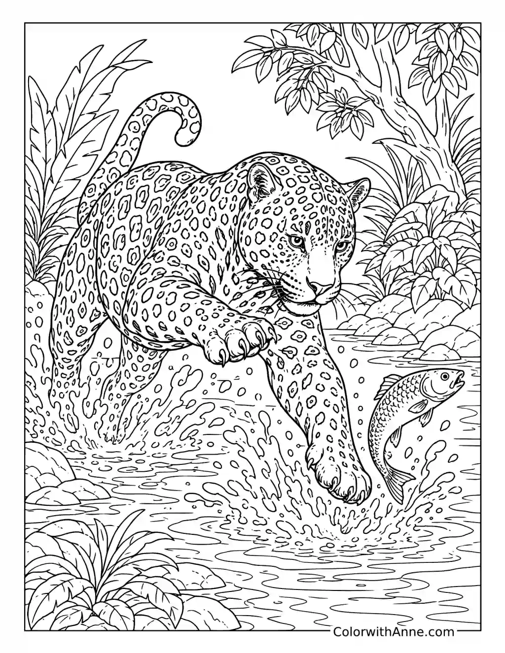 Jaguar Catching a Fish in a Jungle Stream coloring page