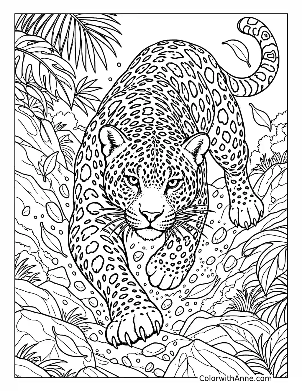 Jaguar Charging Through Dense Jungle Foliage coloring page