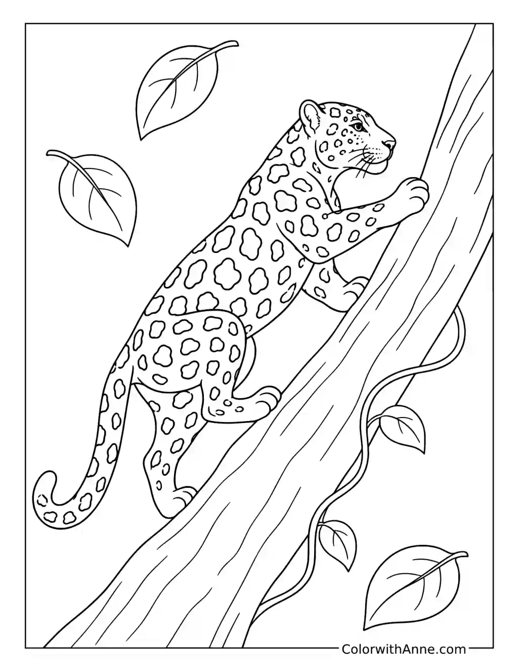 Jaguar Climbing a Sloping Jungle Trunk coloring page