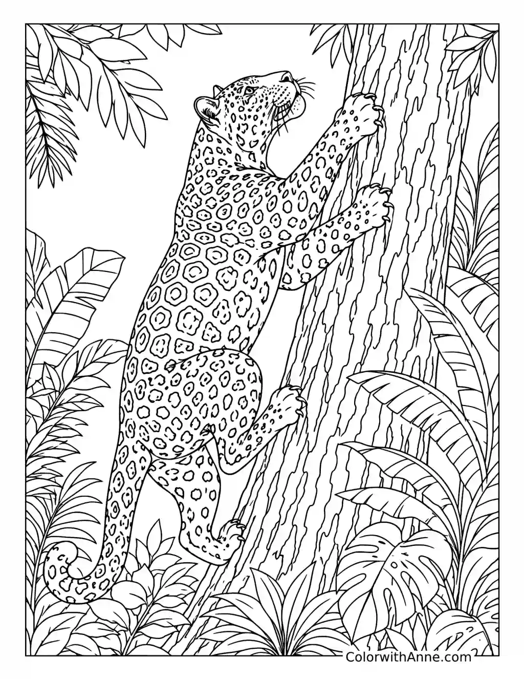 Jaguar Climbing a Tall Jungle Tree coloring page