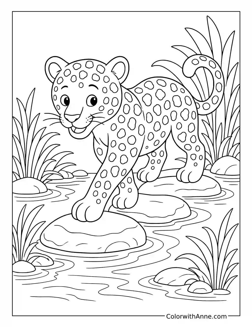 Jaguar Crossing a Stream on Stepping Stones coloring page