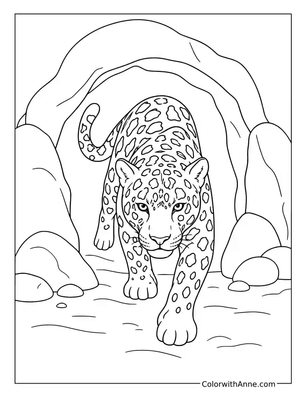 Jaguar Emerging from a Rocky Cave coloring page