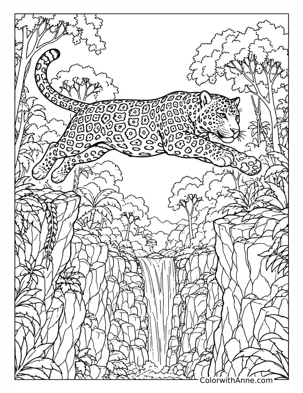 Jaguar Leaping Across a Rocky Canyon coloring page