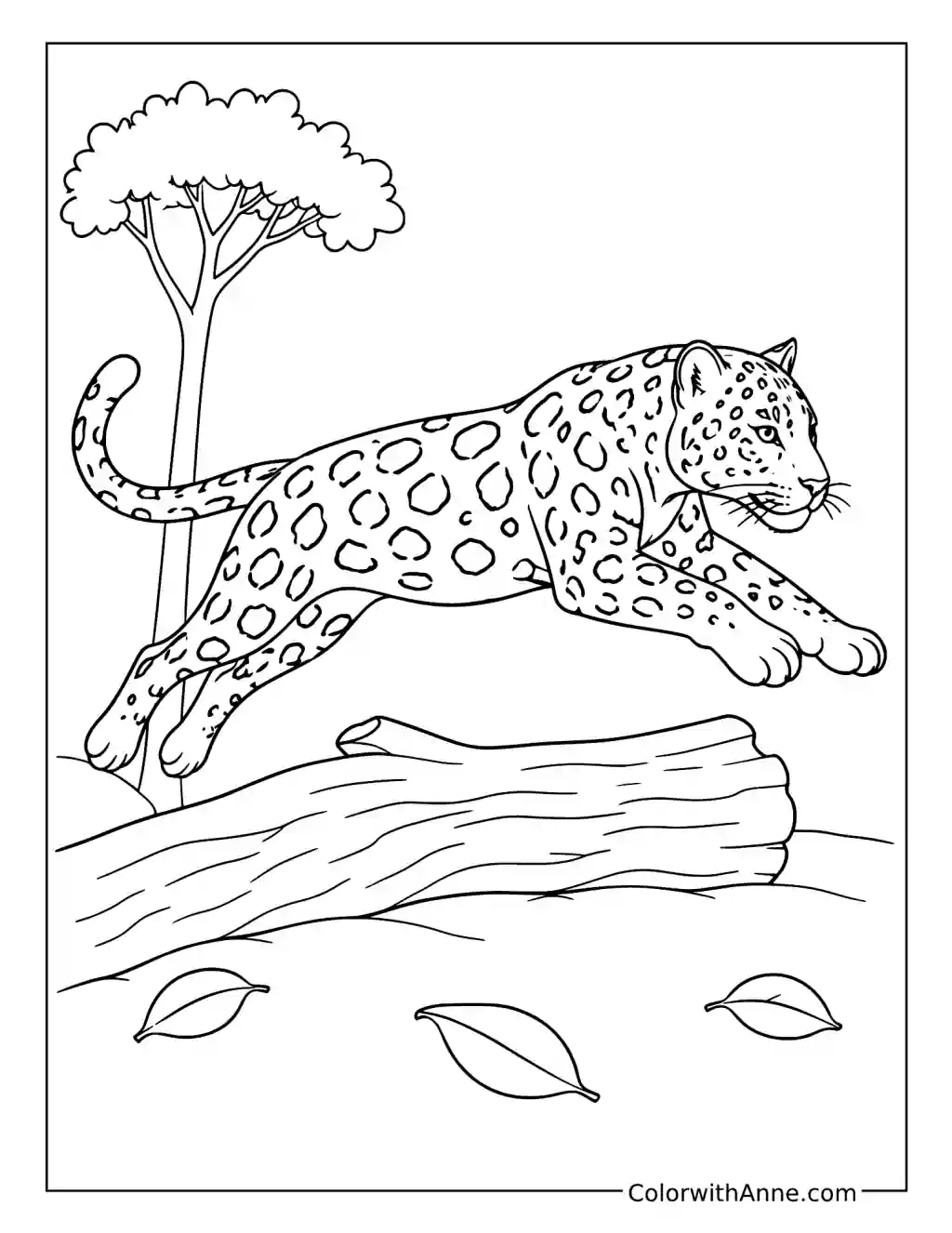 Jaguar Leaping Over a Fallen Log coloring page