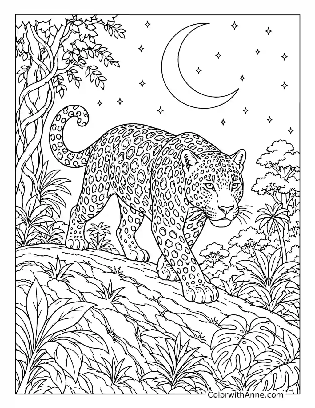 Jaguar Patrolling a Moonlit Jungle Ridge coloring page