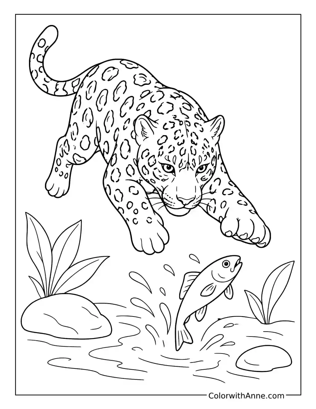 Jaguar Pouncing Toward a Leaping Fish coloring page
