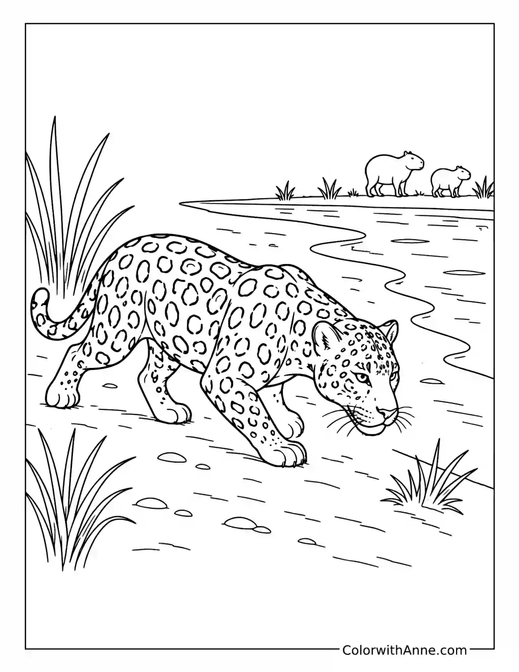 Jaguar Prowling Along a Riverbank coloring page