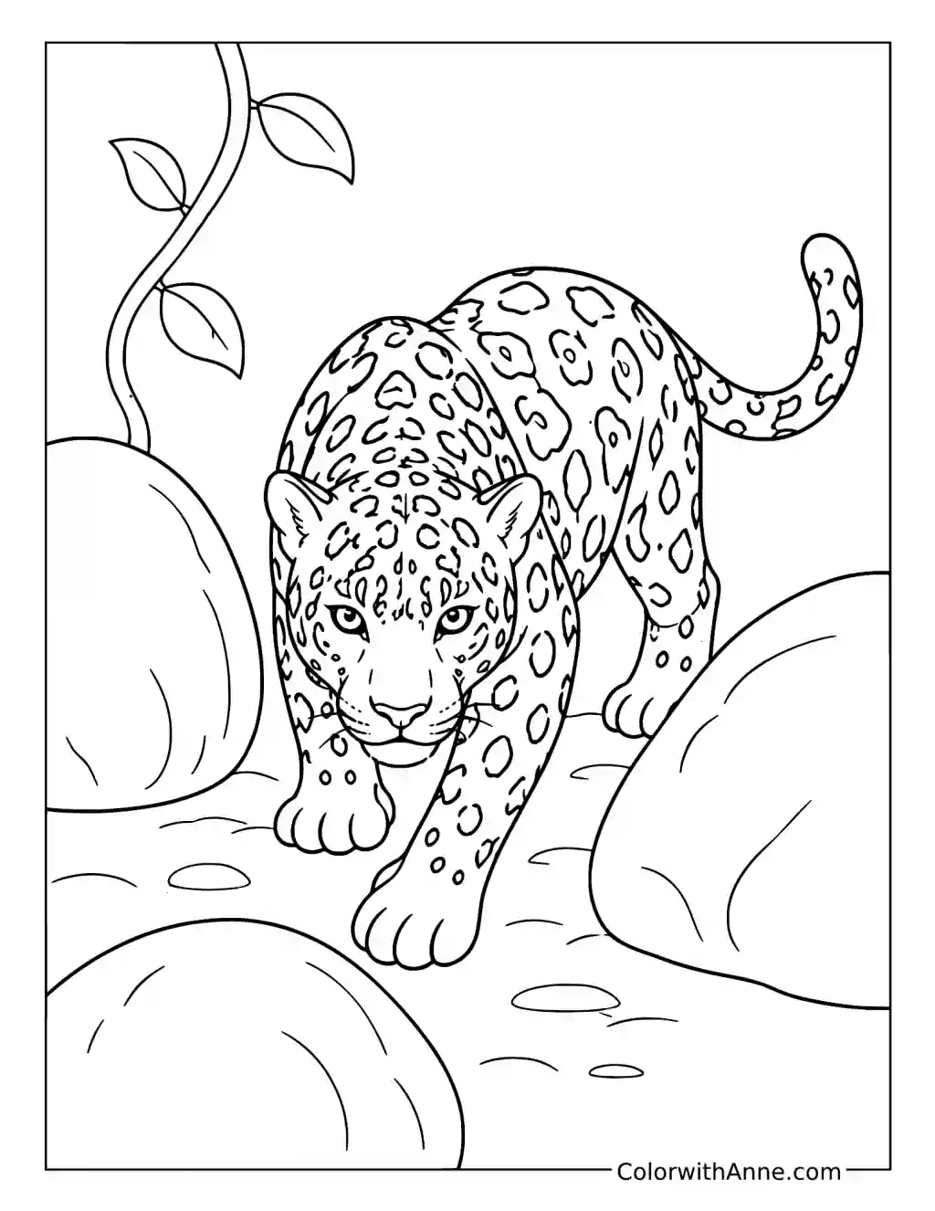 Jaguar Prowling Between Jungle Rocks coloring page