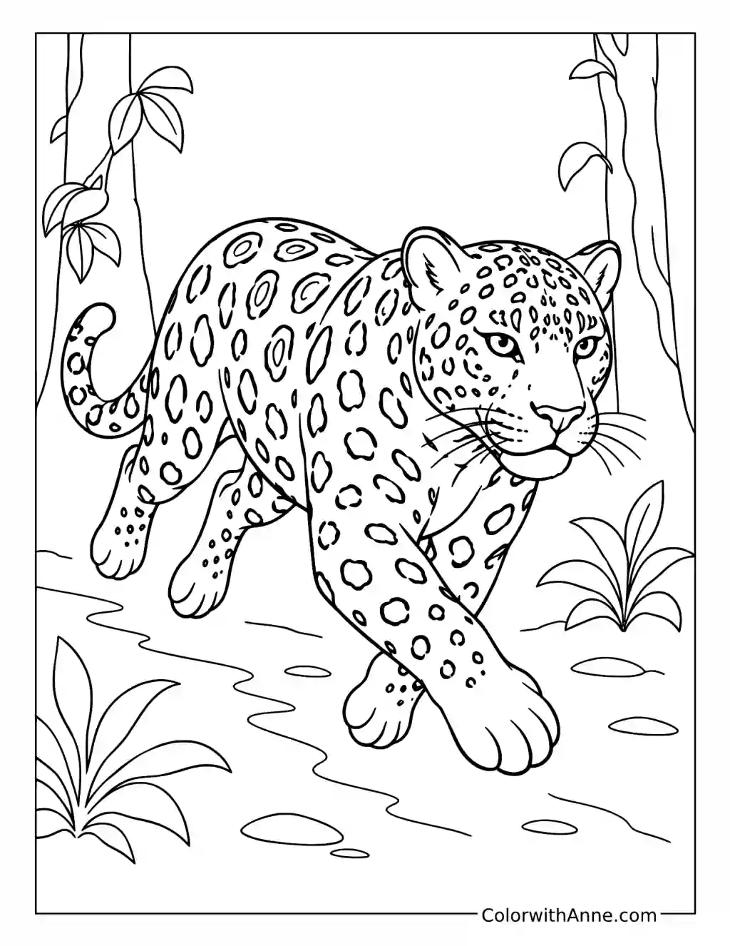 Jaguar Running Along a Jungle Trail coloring page