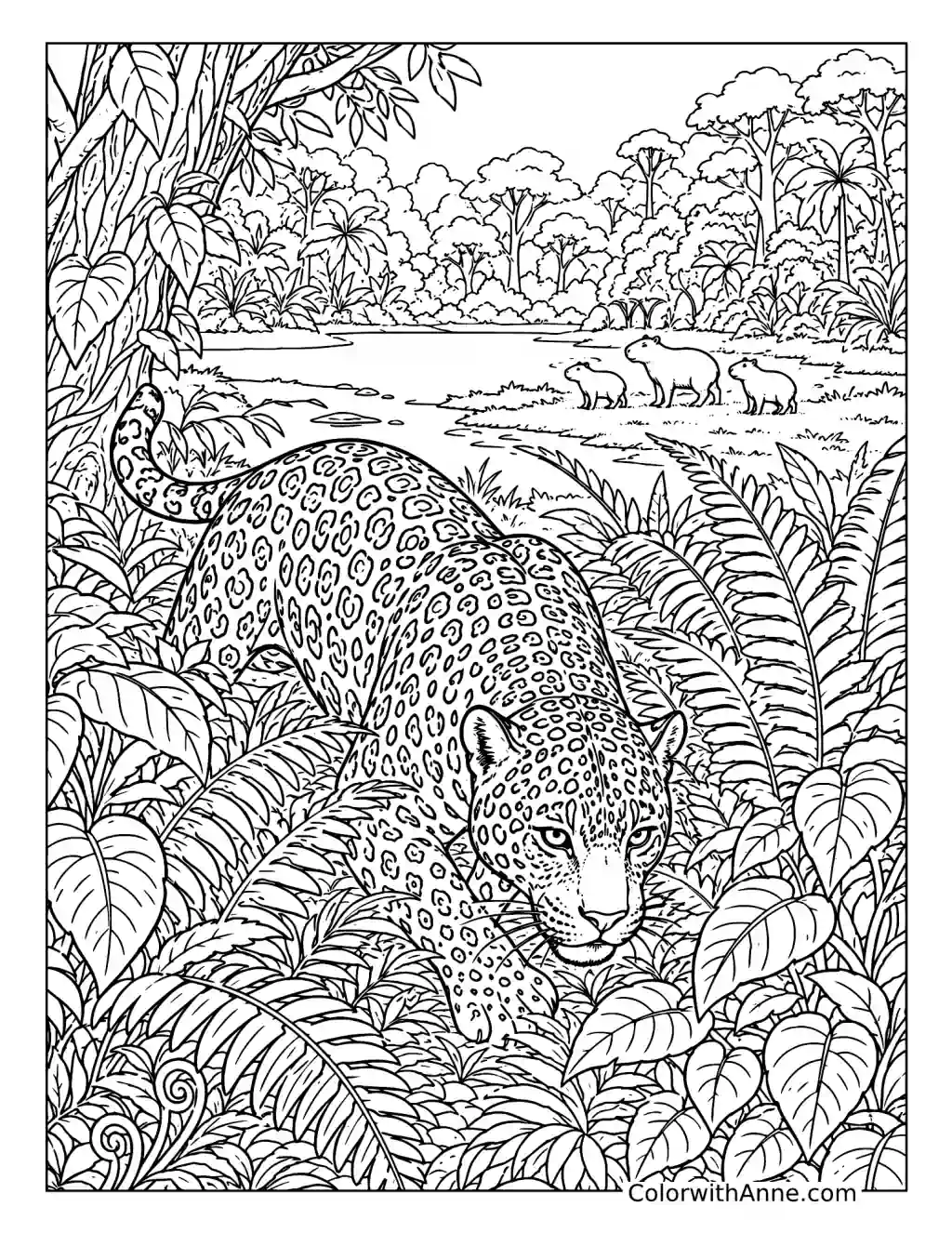Jaguar Stalking Through a Tropical Wetland coloring page