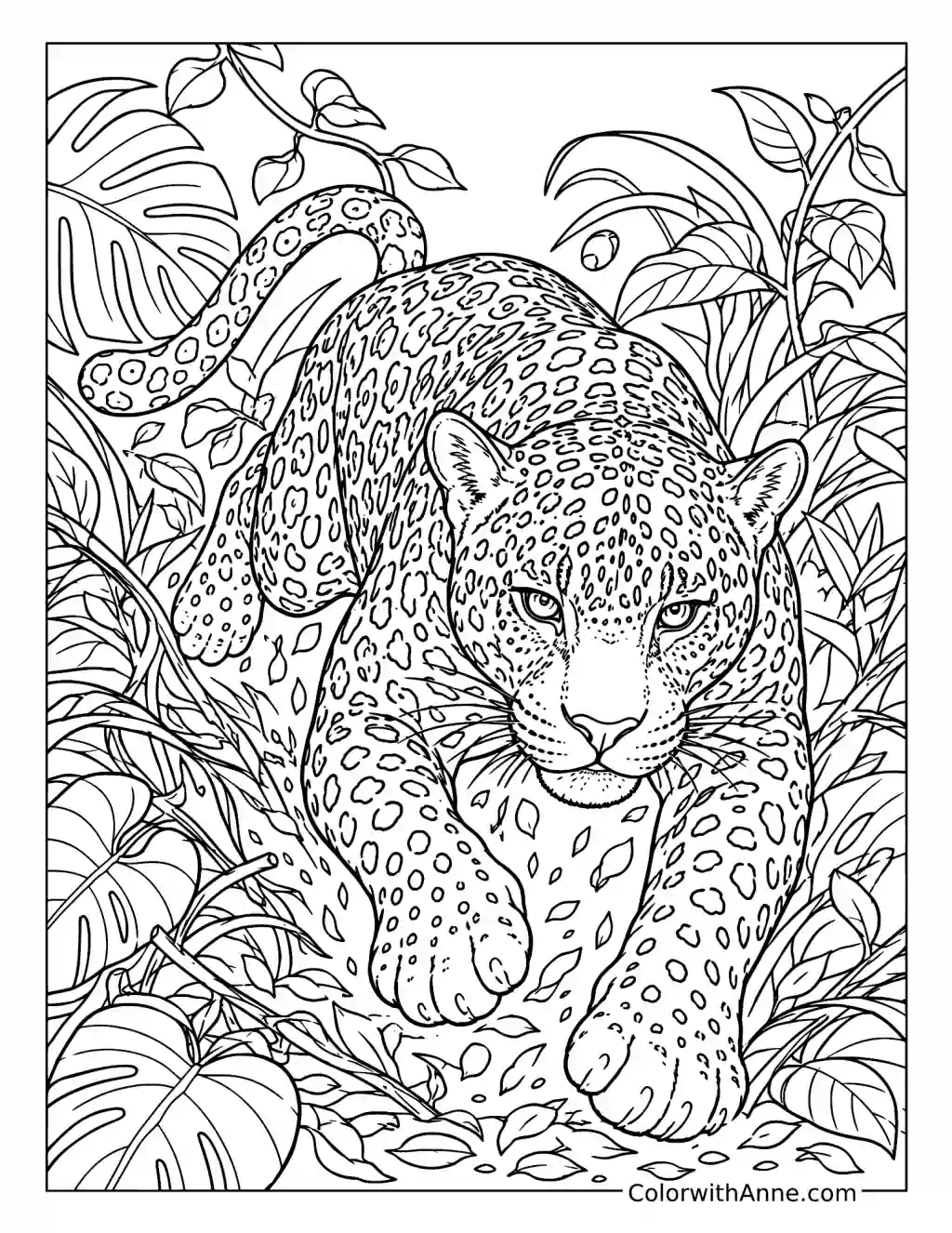 Jaguar Stalking Through Dense Jungle Foliage coloring page